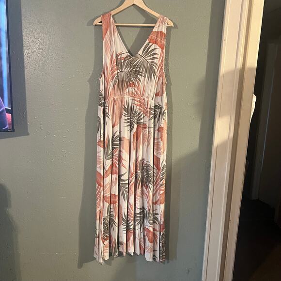 Tahari Women's 2x V Neck Maxi Dress Tropical Rust & Olive Green White Background - Picture 1 of 9